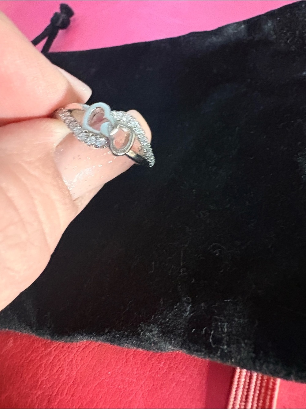 Silver Heart Link Ring with Pavé Accents - Women Jewelry